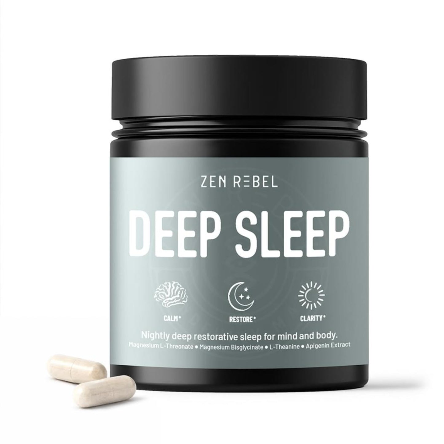 ZEN REBEL Deep Sleep Support - Magnesium L-Threonate & Glycinate, L-Theanine & Apigenin, Melatonin-Free, Promotes Calm, Restful Sleep & Morning Clarity, 30 Capsules