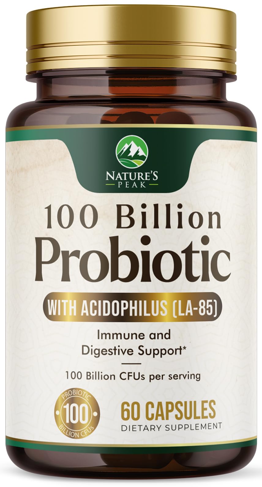 Nature's Peak Probiotics 100 Billion CFU Per Serving - 16 Premium Probiotic Strains Prebiotics, Immune Support, Gut Health, Occasional Constipation, Gas & Bloating, 60 Capsules