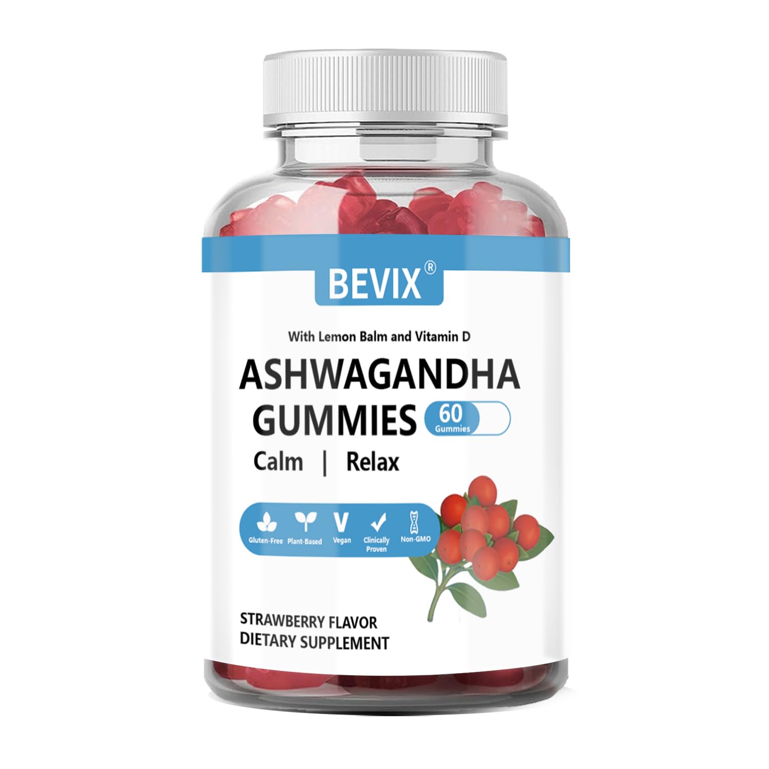 BEVIX Ashwagandha Gummies with Vitamin D Chewable 60 Count