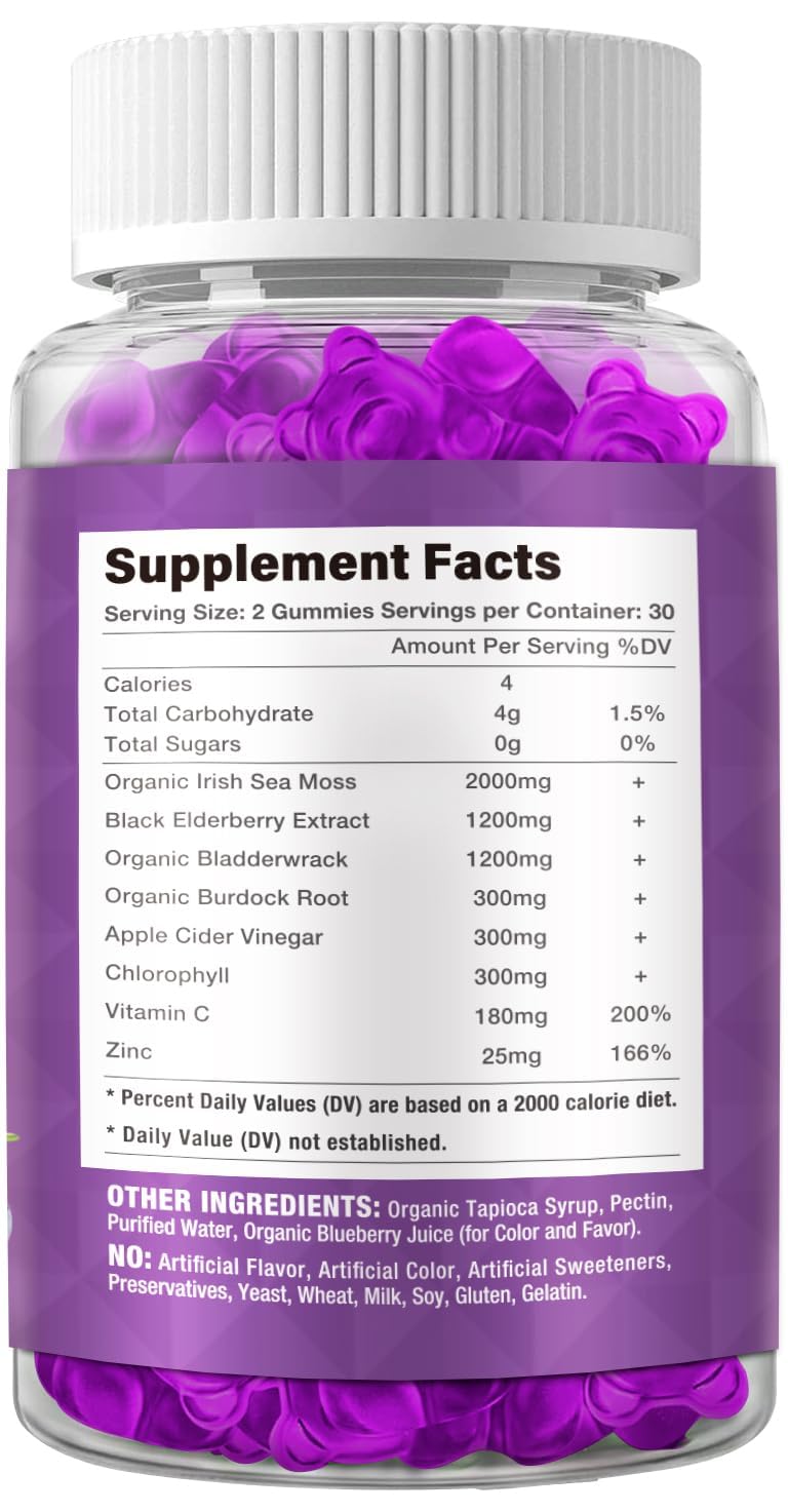 Riyuetian Sea Moss Gummies & Elderberry Vitamin C + Zinc for Immune & Thyroid Support, Gummies, 60 Count