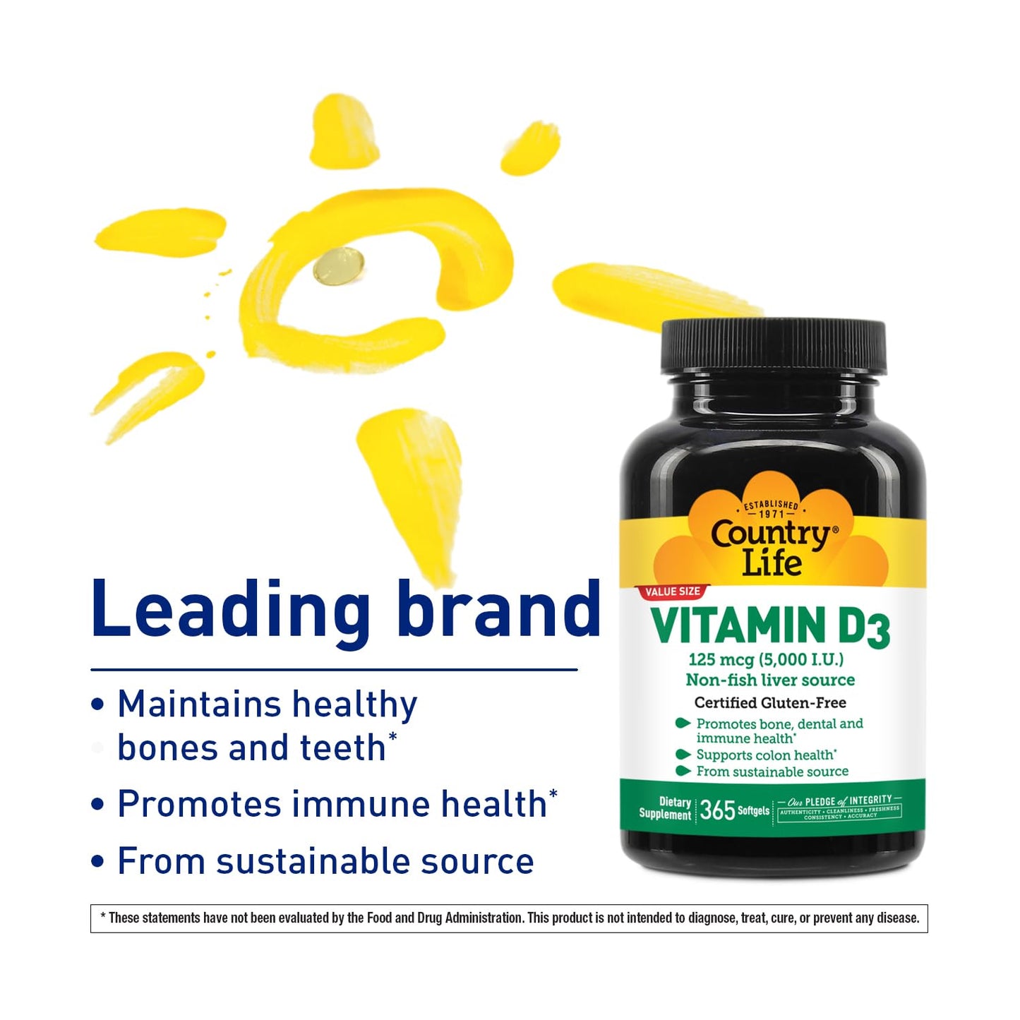 Country Life Vitamin D3 5000 IU High Potency, Non-Fish Source, Supports Bone Health, Immune Function & Calcium Absorption Softgels, 365 Count