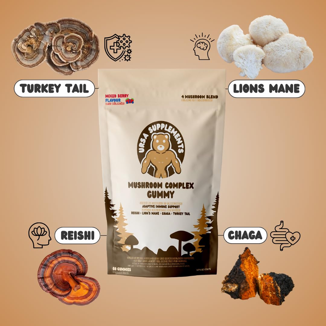 URSA Supplements Mushroom Gummies 1300mg Functional Mushroom Blend with Lion’s Mane, Reishi, Chaga & Turkey Tail – Focus, Energy & Immune Support – Vegan, Gluten-Free, 60 Gummies