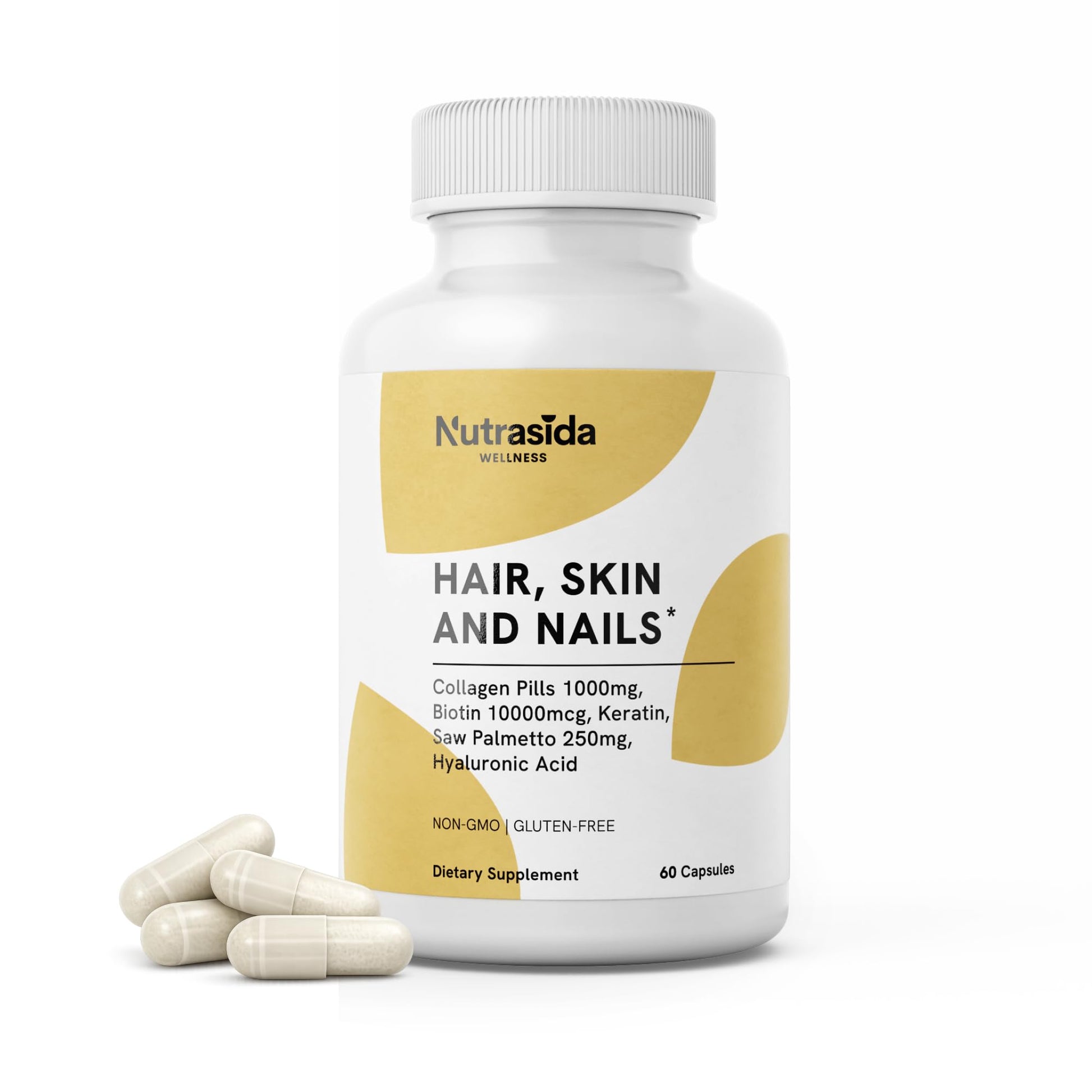 Nutrasida Hair Skin and Nails Supplement – 5-in-1 Formula Collagen Peptides 1000mg, Biotin 10,000mcg, Keratin, Hyaluronic Acid & Saw Palmetto 250mg – Non-GMO Gluten-Free for Women, 60 Capsules