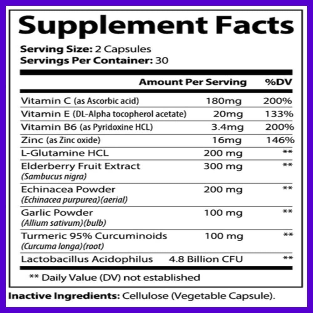 Hybrid Nutraceuticals Black Elderberry Capsules with Echinacea, Turmeric, Garlic, Zinc, Vitamins C, E and B6, Probiotics and L-Glutamine, 60 Capsules