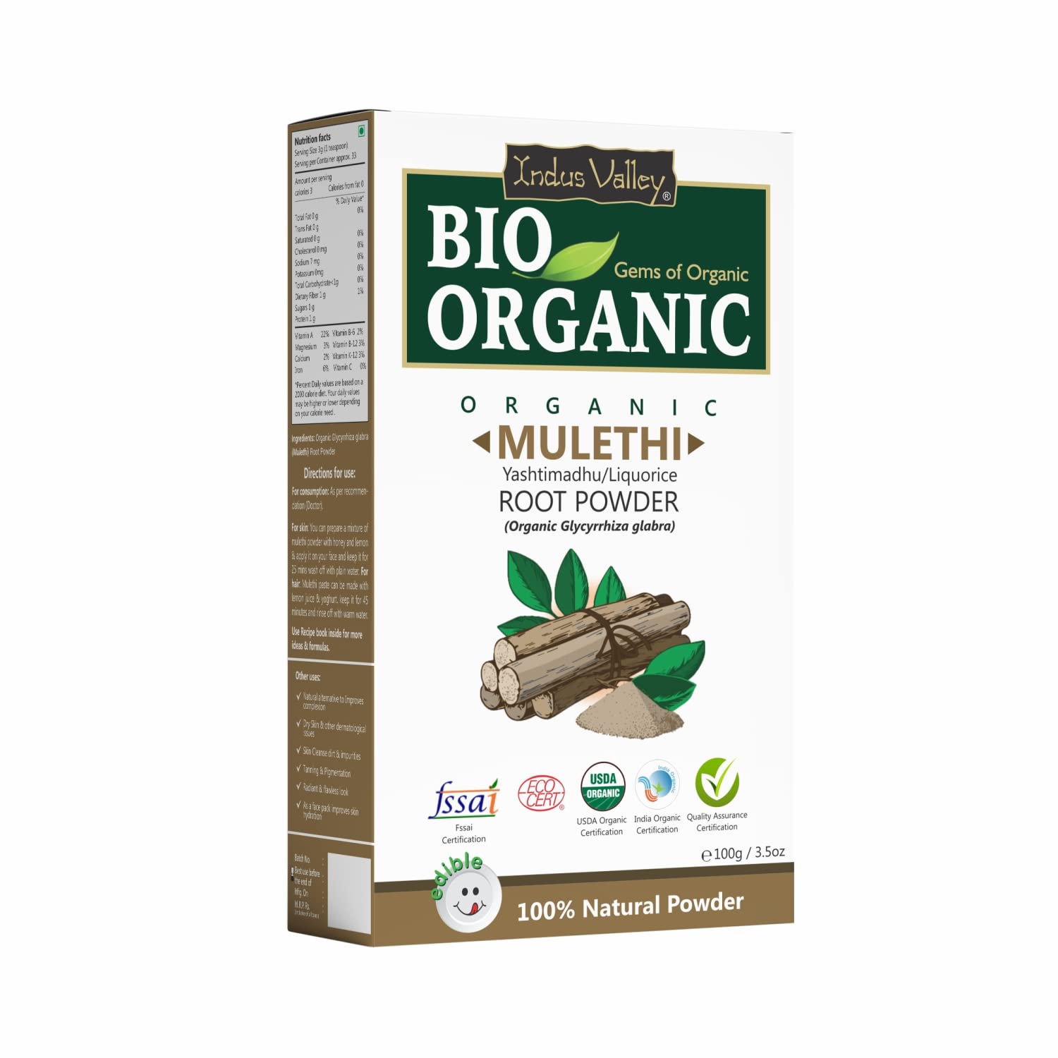 INDUS VALLEY 100% Organic Licorice Root Powder 3.53 oz