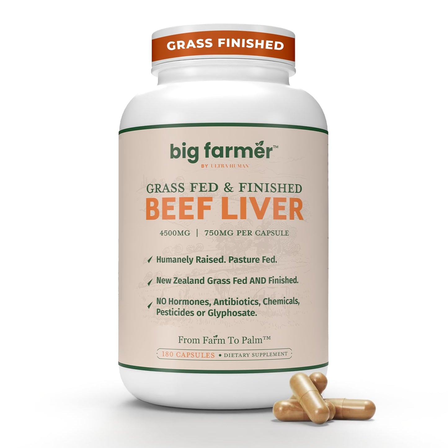 Ultra Human Big Farmer Grass-Fed & Finished Beef Liver Capsules, 180 Count