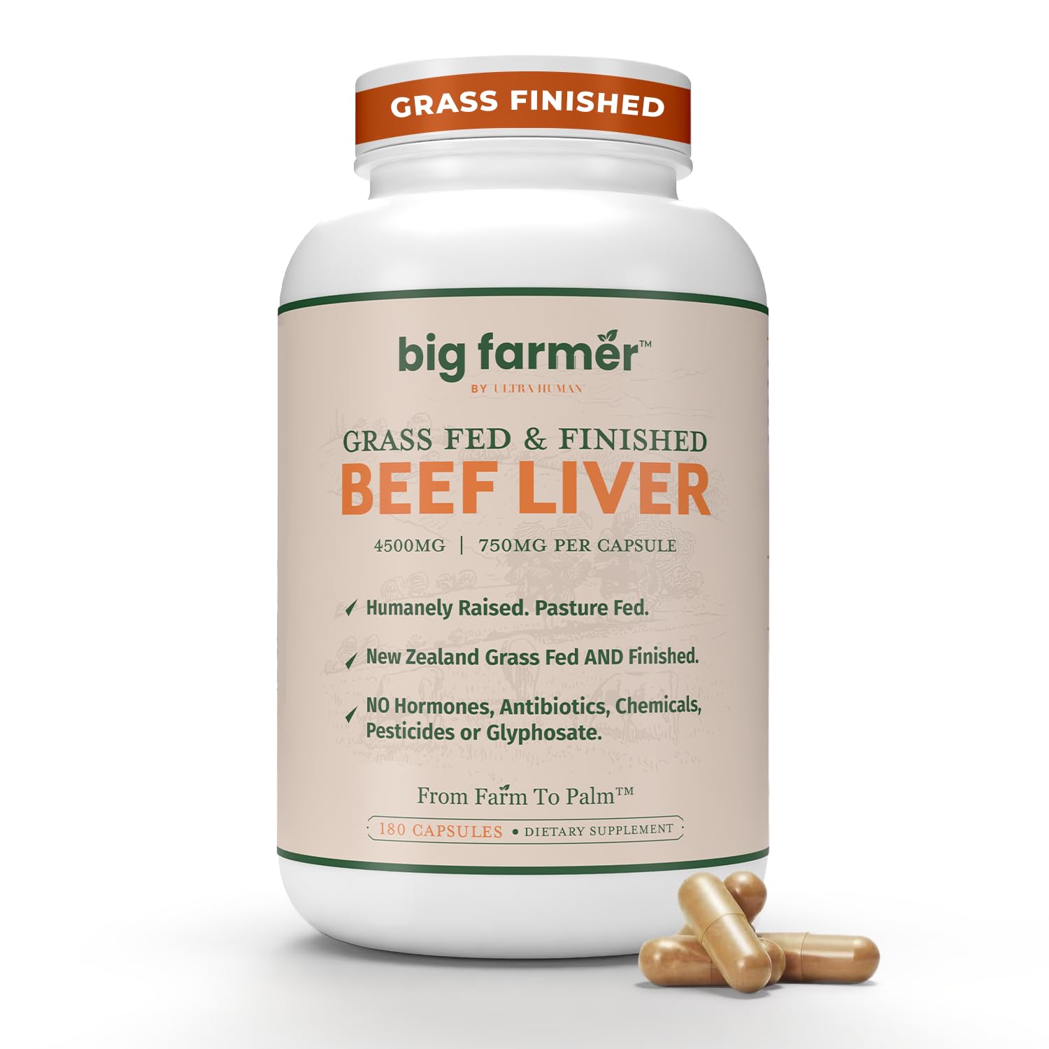Ultra Human Big Farmer Grass-Fed & Finished Beef Liver Capsules, 180 Count