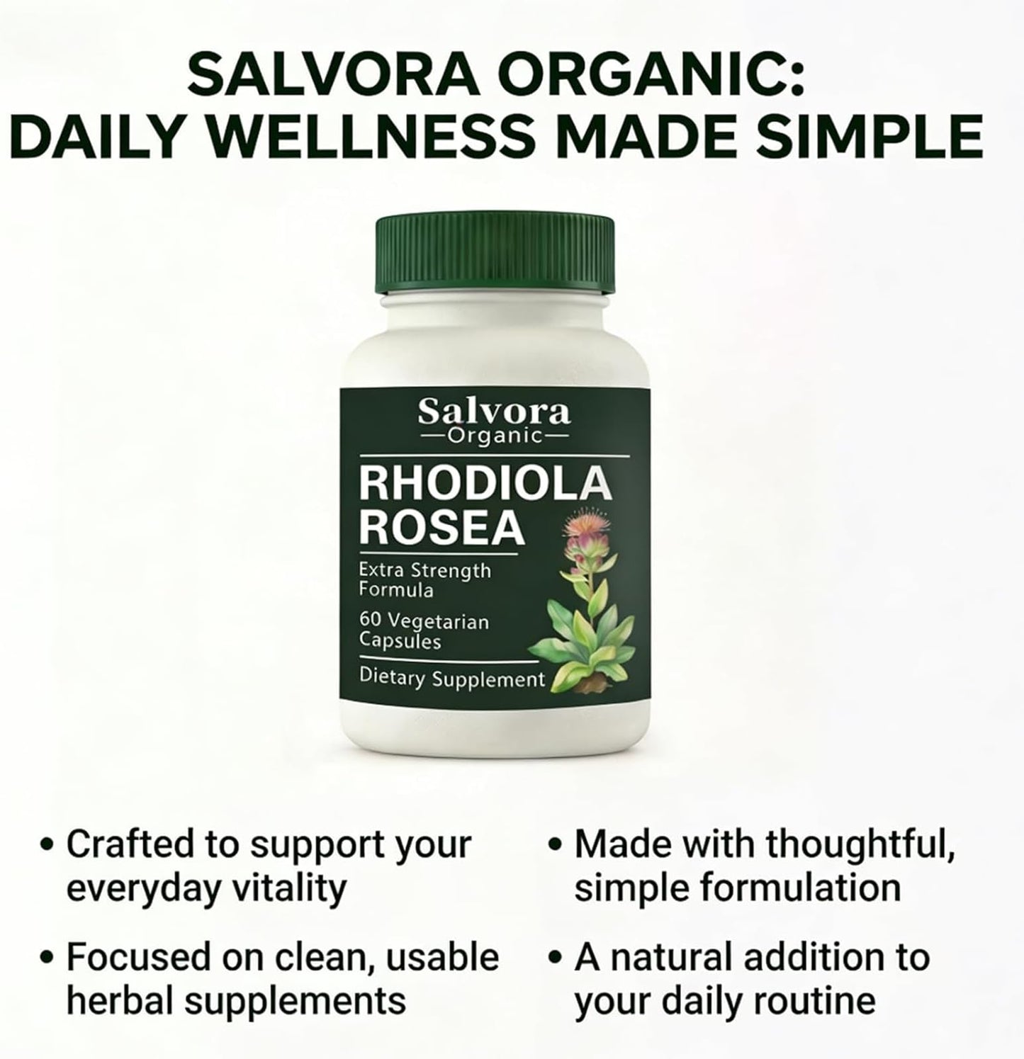 Salvora Organic Rhodiola Rosea Non-GMO Capsules, 60 Count