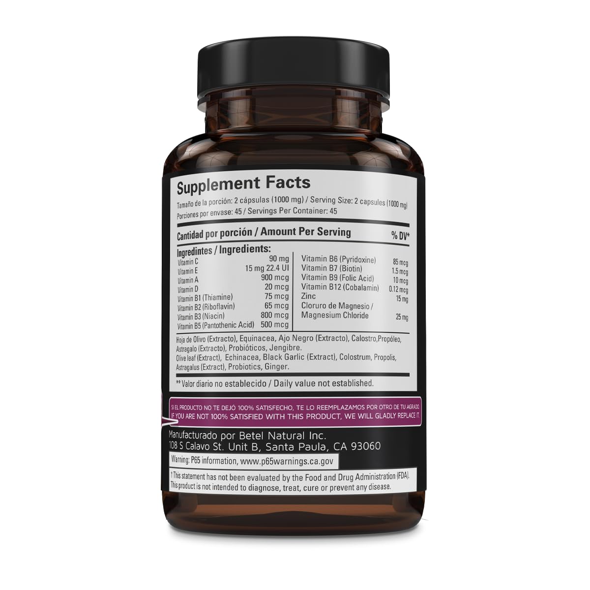 Betel Natural Immune Strong Capsules, Immune Support with Echinacea, Vitamins, and Minerals - 1000 mg per Serving, 1 Count