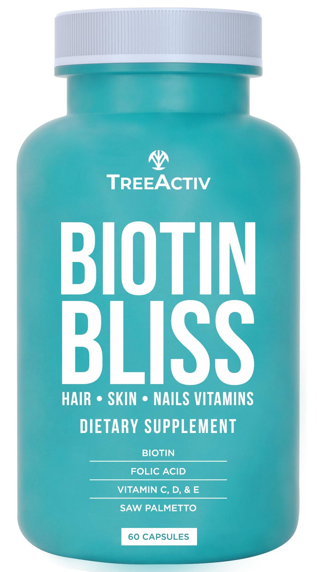 TreeActiv Biotin Bliss Skin Hair Nails Vitamins + Saw Palmetto Supplement Volumizer & Thickening Formula for Hair Growth & Strength Capsules, 60 Count