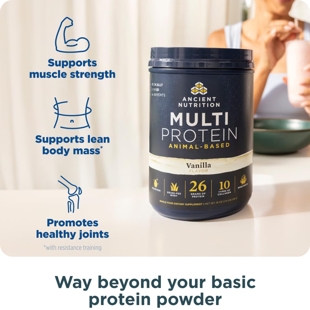 Ancient Nutrition Grass Fed Multi Protein, Bone Broth, Whey, Vanilla Bean Protein Powder, 18 Servings