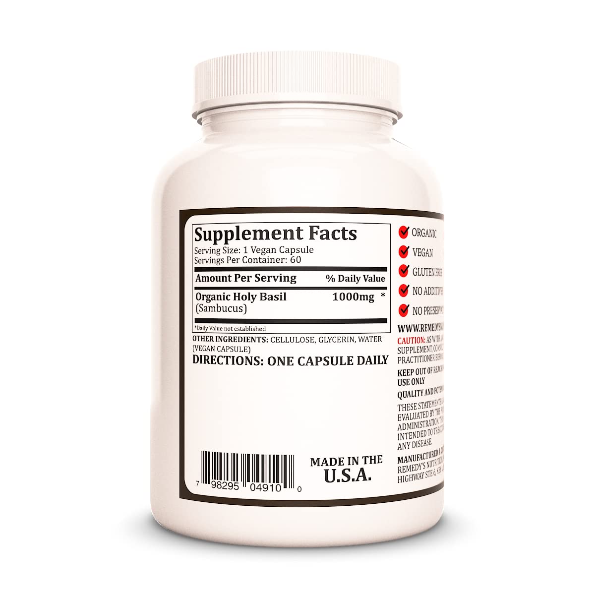 Remedy’s Nutrition Holy Basil 1000 mg Capsule, 60 Count
