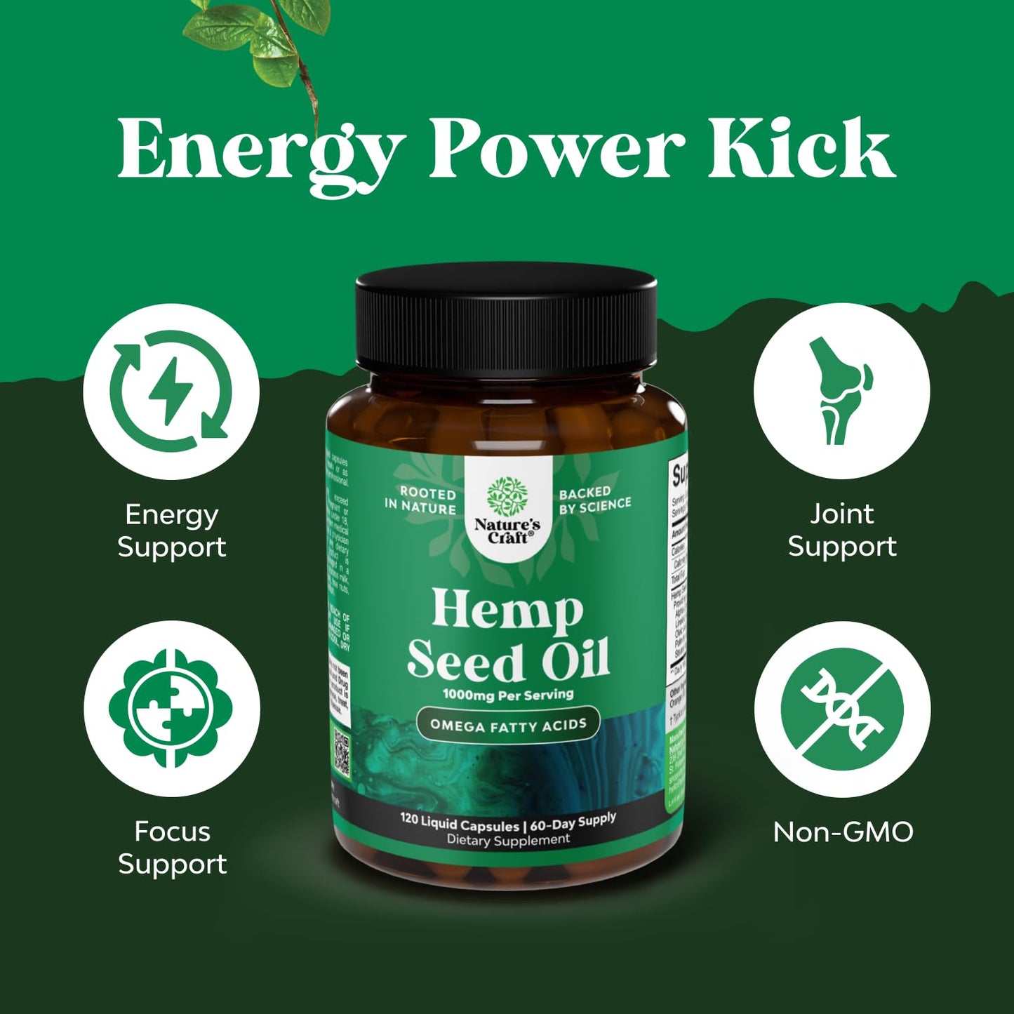 Natures Craft Hemp Seed Oil Capsules, 1000mg per Serving, Omega-3-6-9, 120 Capsules