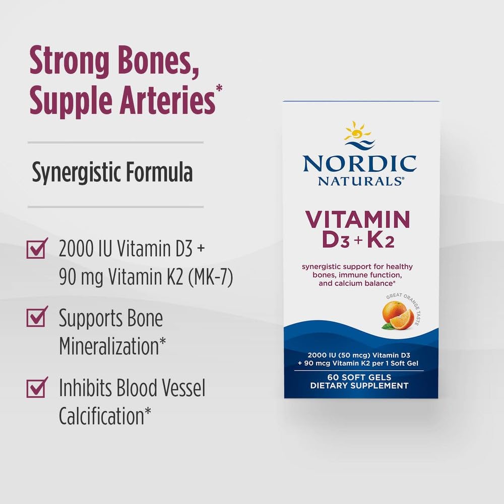 Nordic Naturals Vitamin D3 + K2 2000 IU Softgels, 60 Softgels