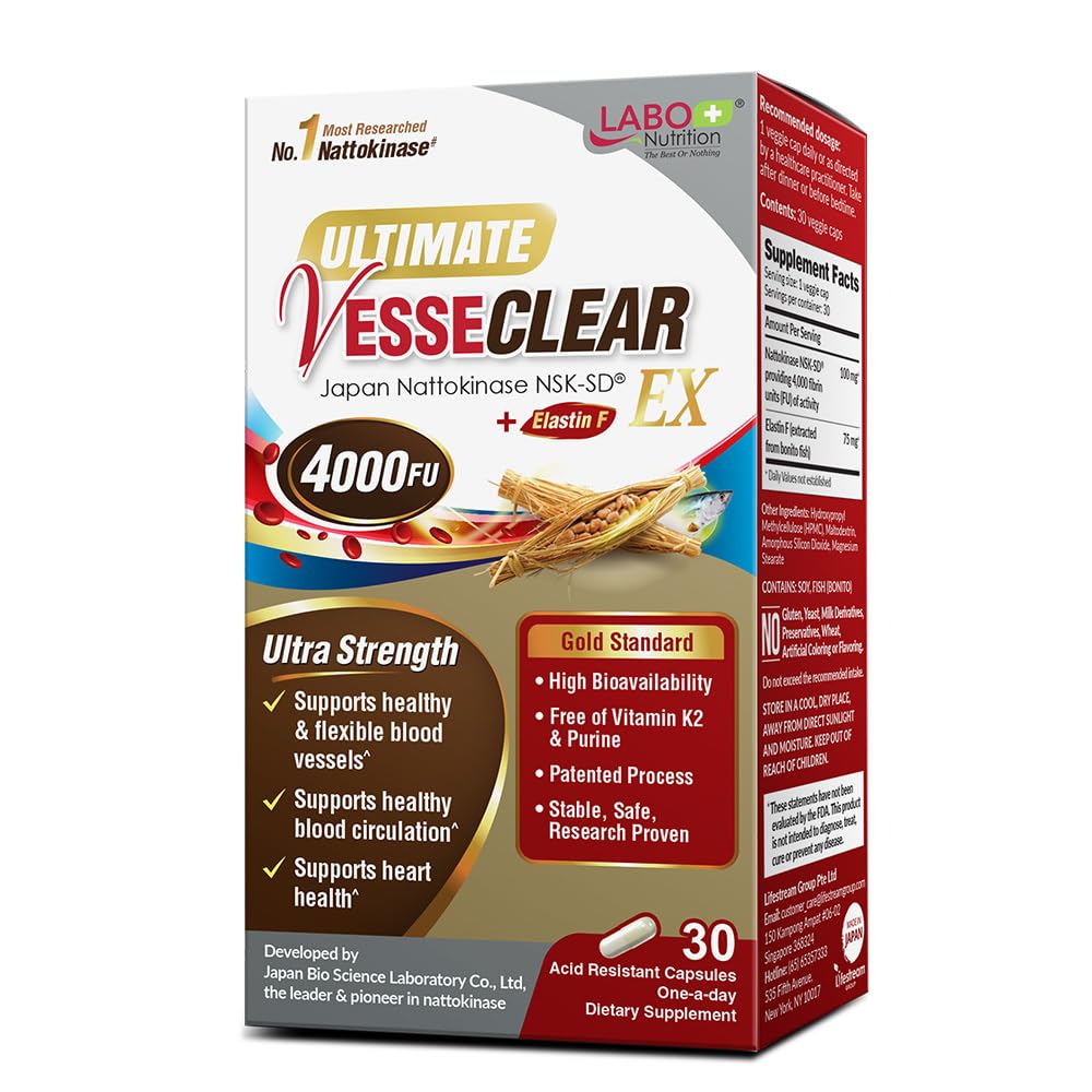LABO Nutrition Ultimate VesseCLEAR EX 4000FU Nattokinase NSK-SD with Elastin F Capsules, 30 Count