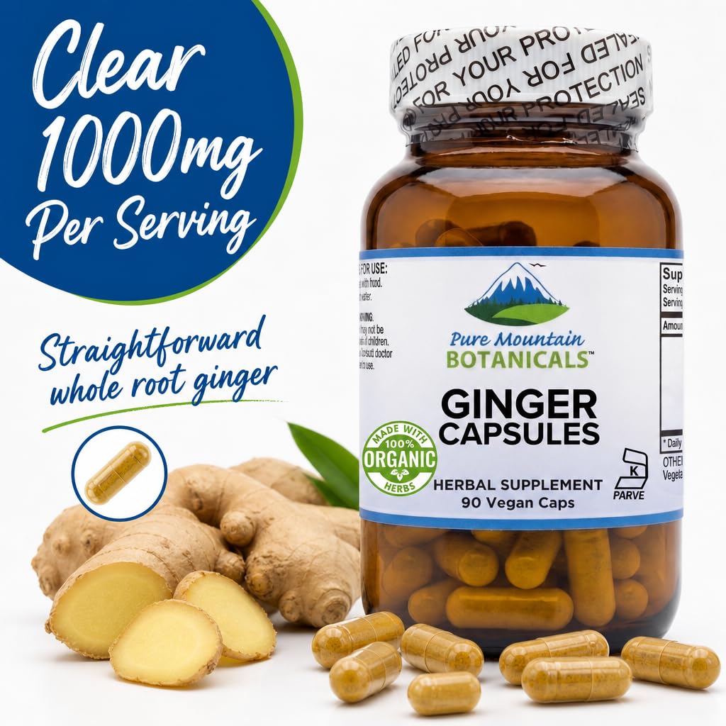 Pure Mountain Botanicals Ginger Capsules 1000mg Organic Ginger Root 90 Count