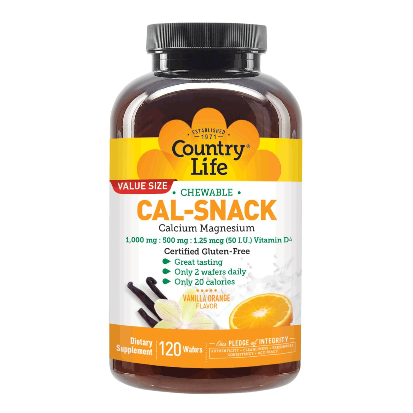 Country Life Cal-Snack Chewable Calcium Magnesium Supplement with Vitamin D3, Vanilla Orange Flavor, 120 Count