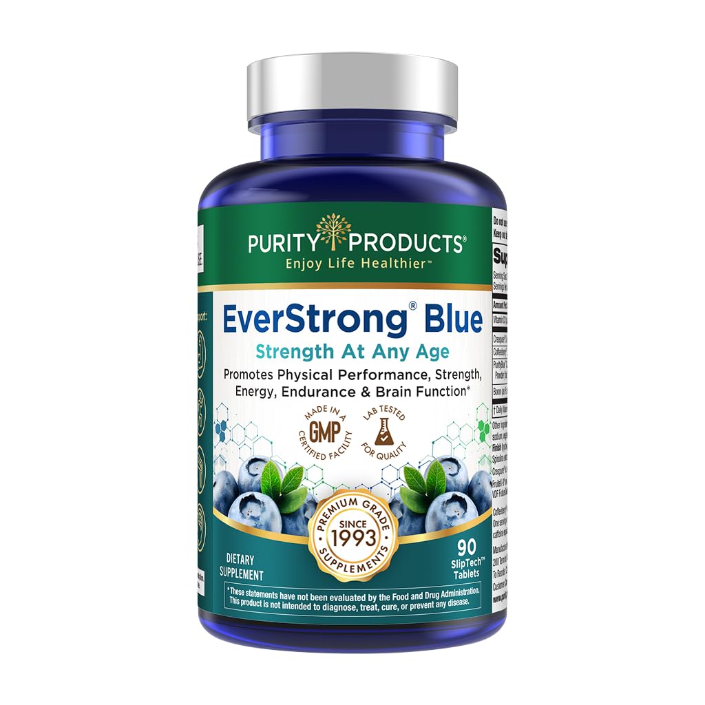 Purity Products EverStrong Blue Strength Building + Brain Boosting with Muscle Matrix Blend featuring Creatine Monohydrate, PurityBlue Organic Blueberry Complex, 1000 IU Vitamin D3, 90 Tablets