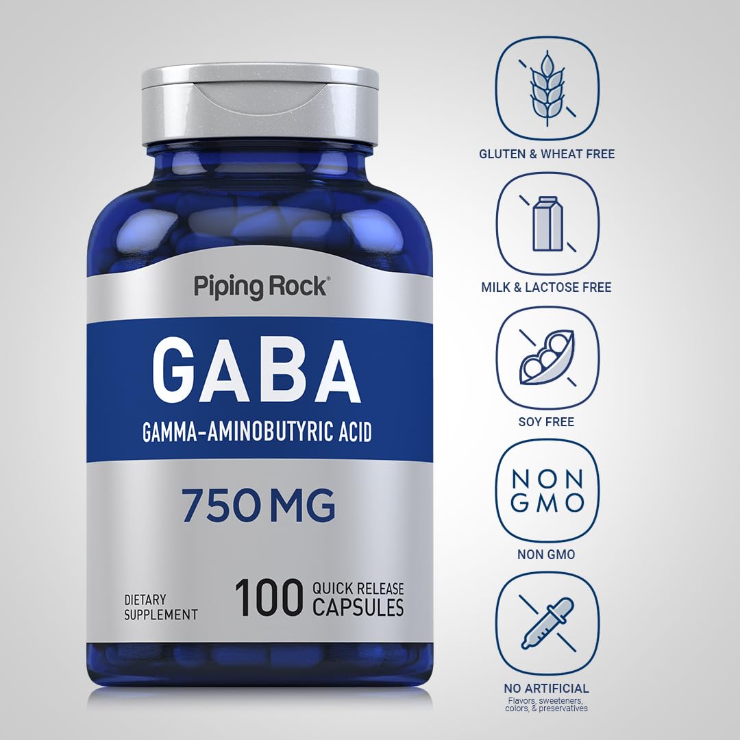 Piping Rock GABA Supplement 750 mg Capsules, 100 Count