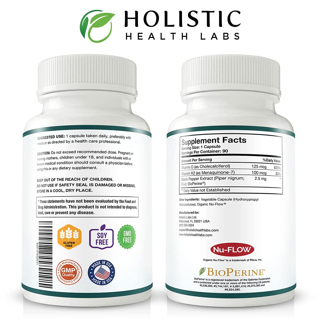 Holistic Health Labs Max Absorption Vitamin K2 + D3 (5000IU) Capsules, 90 Count