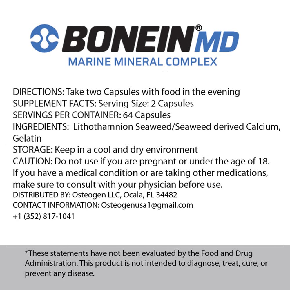 BONEIN MD Capsules Bone & Joint Support, Bio-Available Red Algae Based Calcium & Strontium Dietary Supplement with Trace Minerals, 2 Capsules