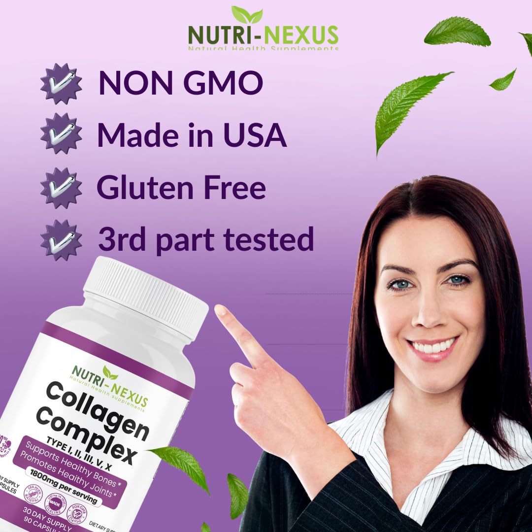NUTRI-NEXUS Multi Collagen Peptides Types I, II, III, V & X – Hydrolyzed Bovine Collagen, 90 Capsules