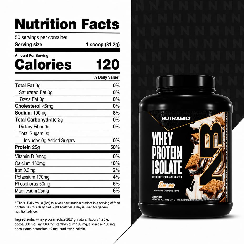 NutraBio 100% Whey Protein Isolate Protein Powder S'Mores, 55 Servings
