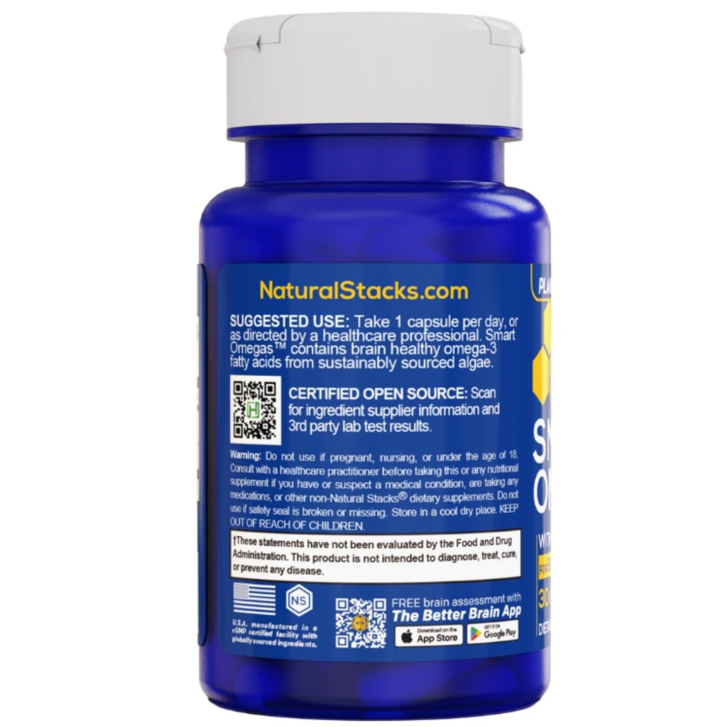 Natural Stacks Smart Omegas Algae Omega 3 with Blue Spirulina and DHA, 30 Capsules