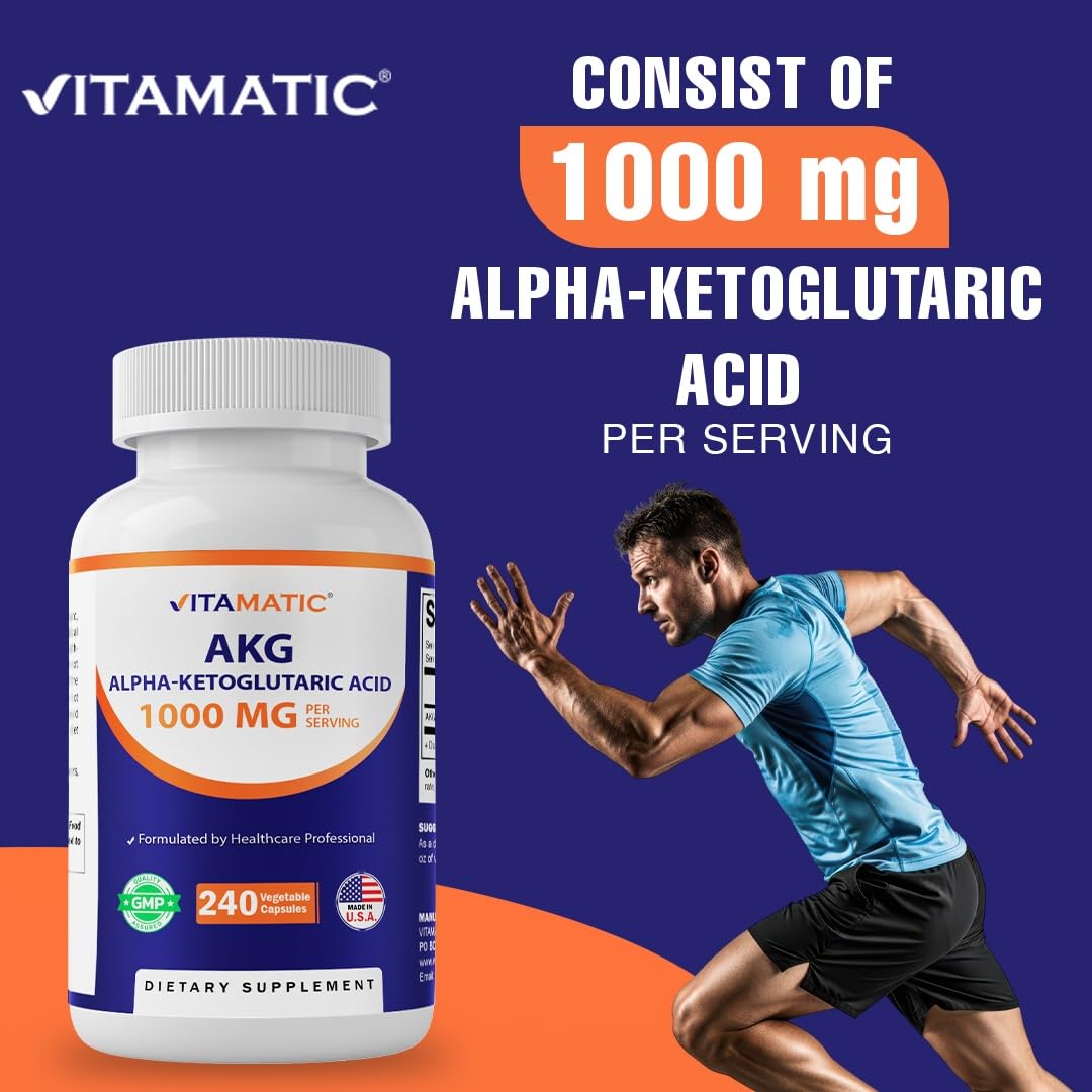 Vitamatic Alpha-Ketoglutaric Acid (AKG) 1000 mg Non-GMO Capsules, 240 Count
