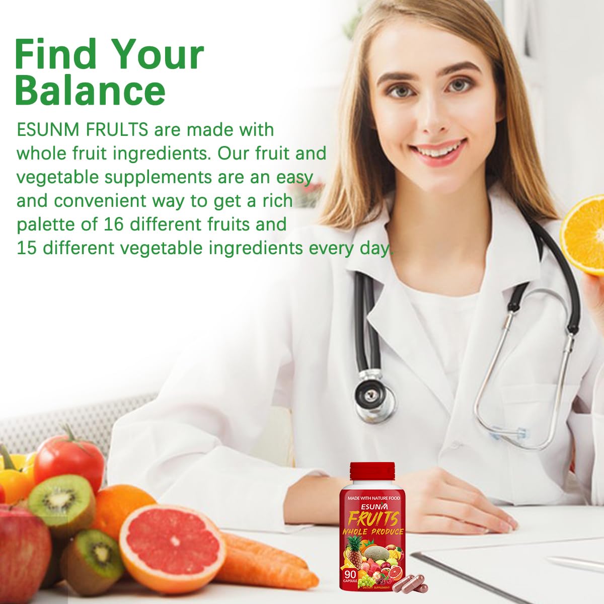 ESUNM Fruits and Veggies Supplement Capsules, 180 Count