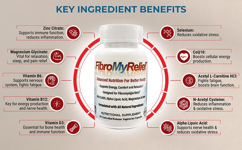 FibroMyRelief CoQ10 Alpha Lipoic Acid Magnesium B Complex Natural Supplement 60 Capsules