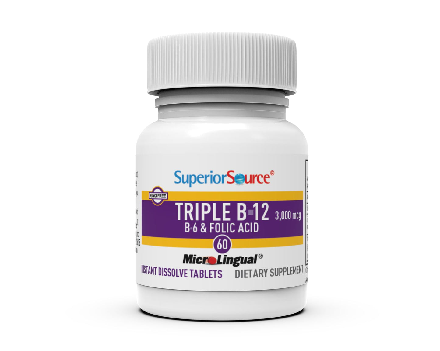 Superior Source NO Shot Triple B-12 3,000 mcg B-6 Folic Acid 800 mcg Instant Dissolve Tablets, 60 Tablets