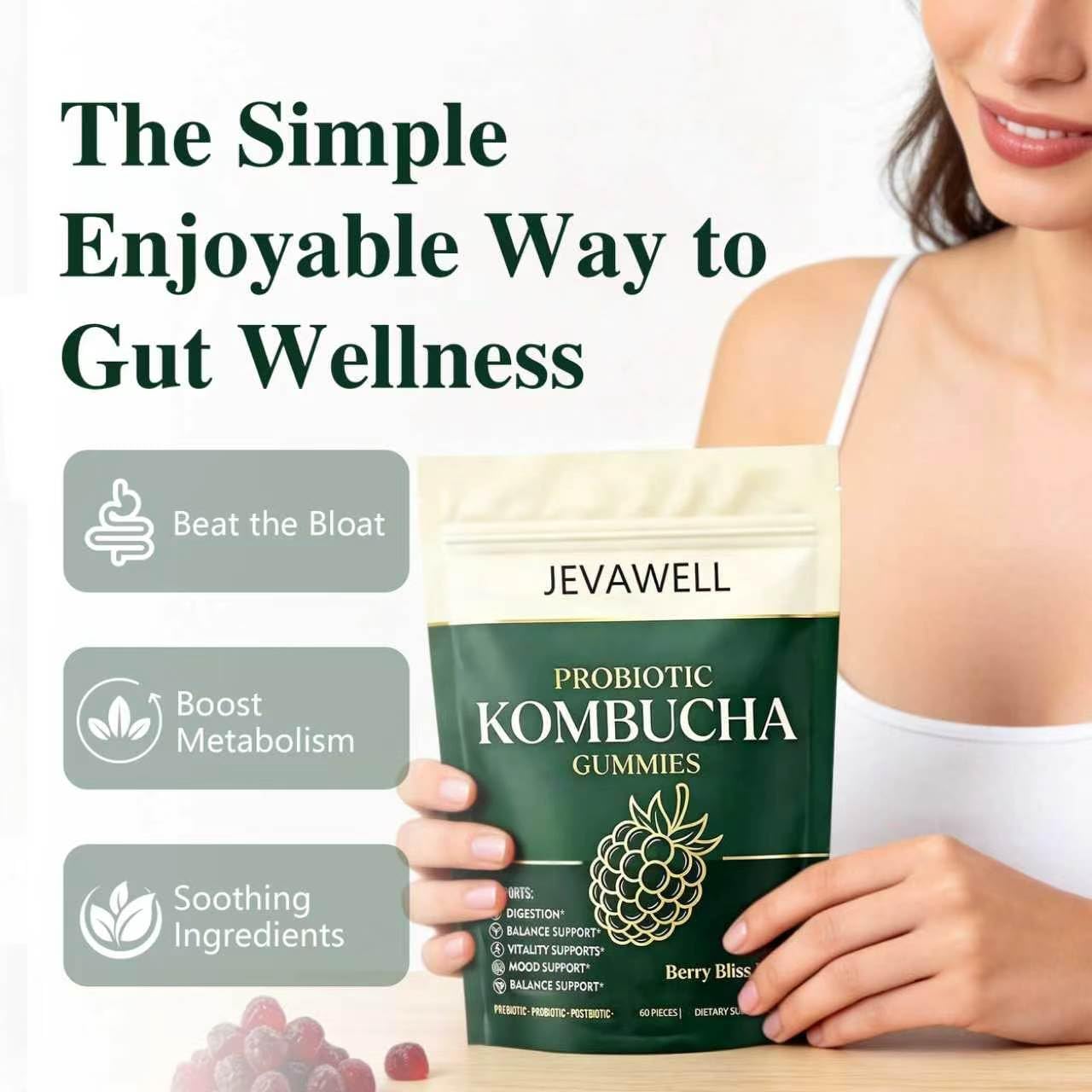 qxv Jevawell Probiotic Kombucha Gummies Berry Flavor, 60 Gummies