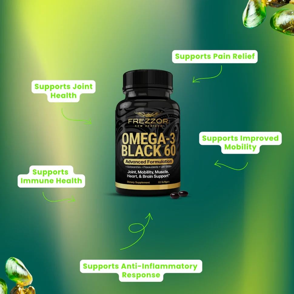 FREZZOR Omega 3 Black for Joint Care & Comfort New Zealand Green Lipped Mussel Oil Softgel 120 Count