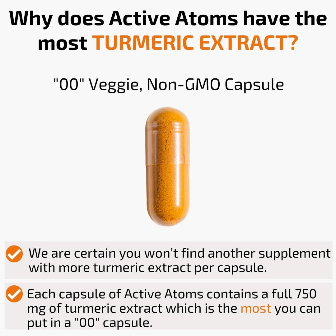 Active Atoms Turmeric Extract Capsule with BioPerine 750 mg per Capsule, Standardized 95% Curcuminoids, Non-GMO, 60 Veggie Capsules
