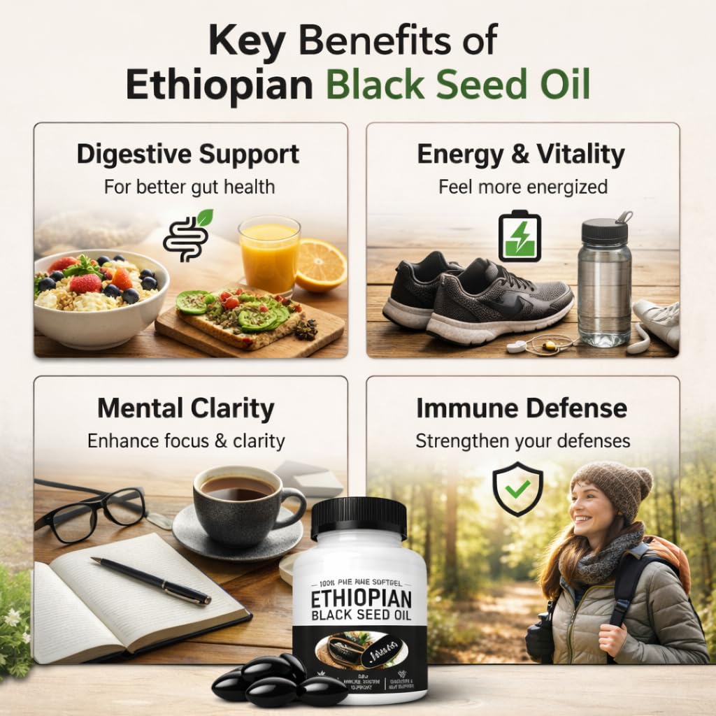 KUZEOLON Ethiopian Black Seed Oil Softgels, Non-GMO Gluten-Free, 60 Count