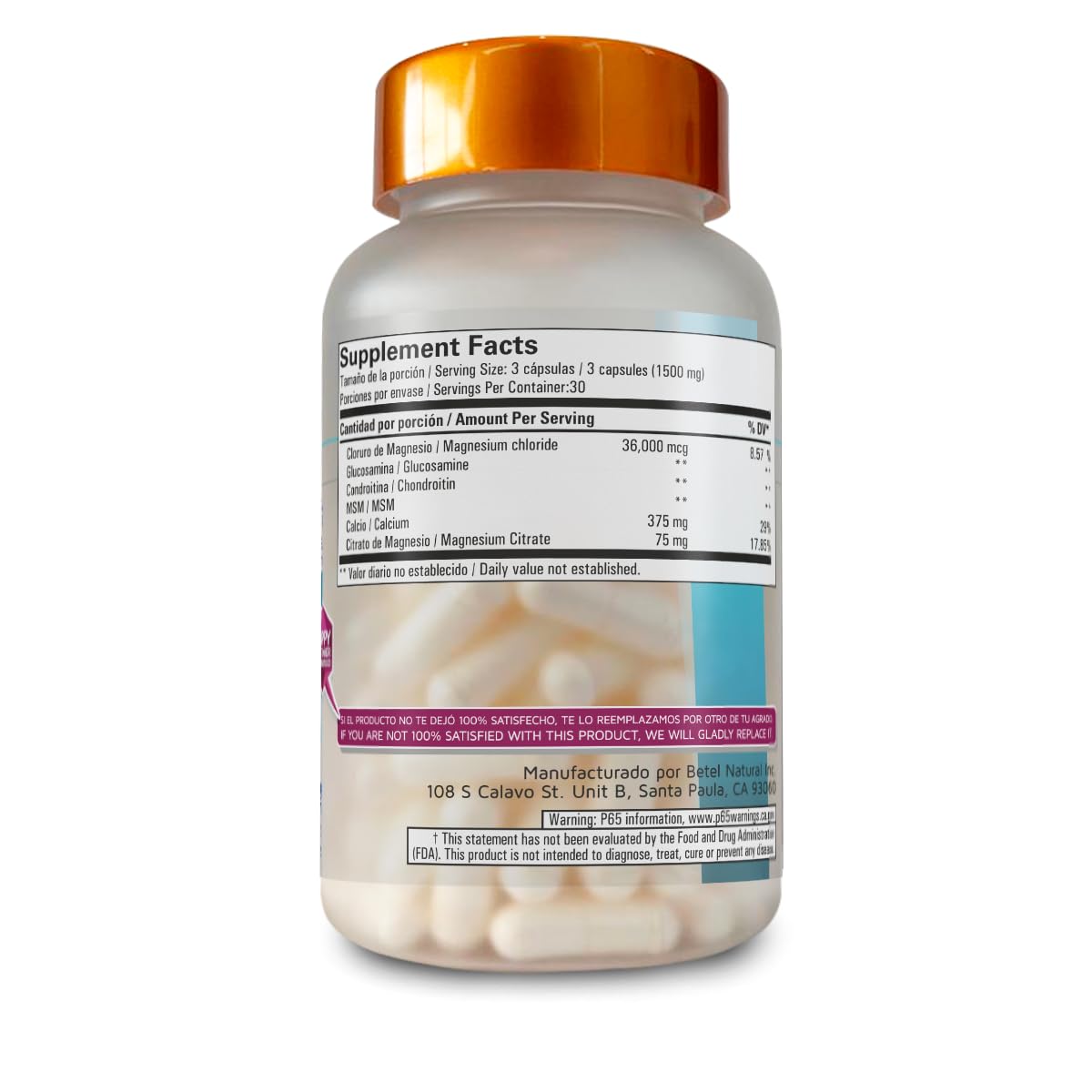 Betel Natural Magnesium Chloride Reforzado + MSM, Glucosamine, and Chondroitin, 90 Capsules