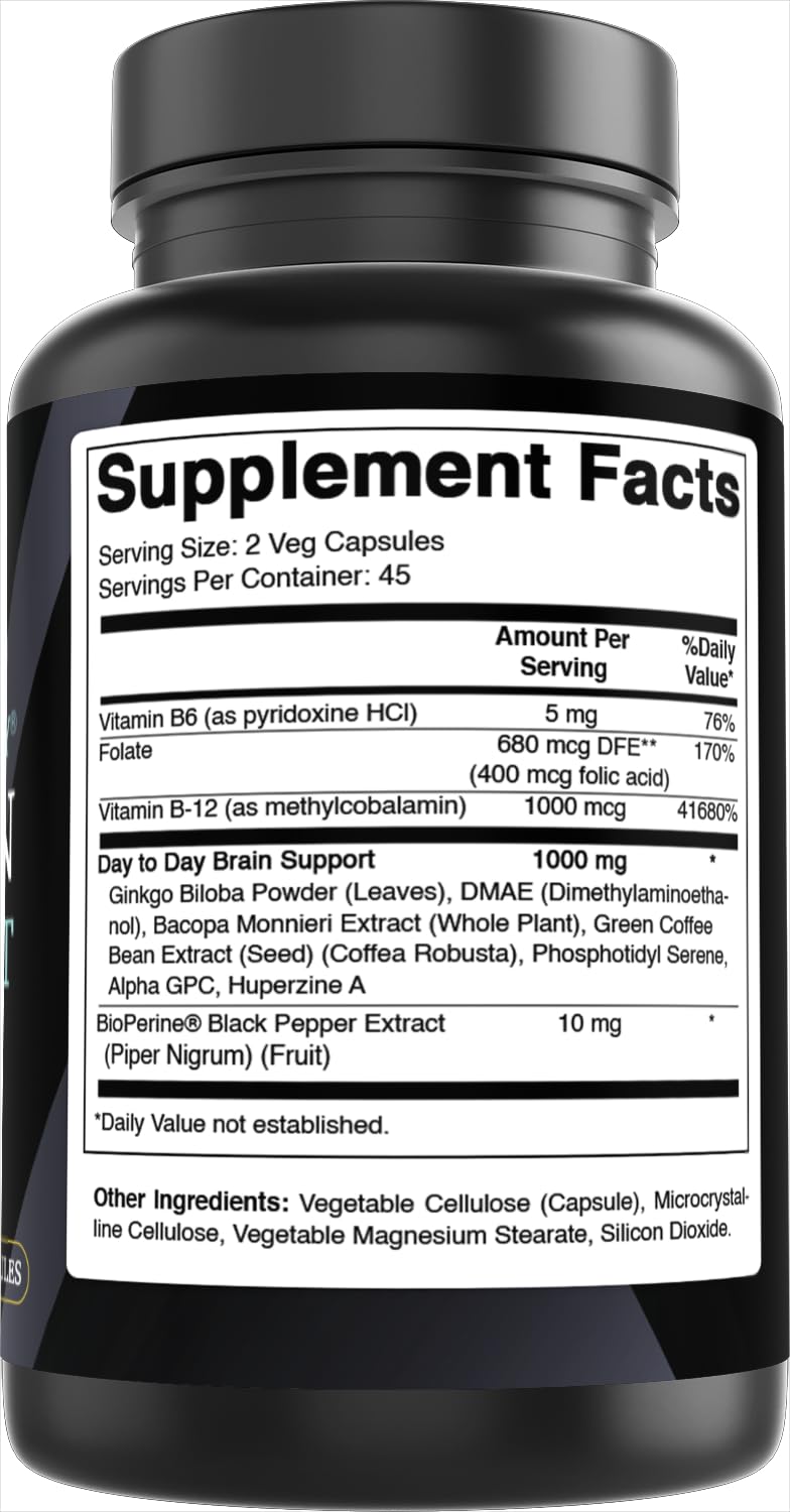 Best Naturals Day-to-Day Brain Support Supplement with Ginkgo Biloba, DMAE, Bacopa, Green Coffee, Phosphotidyl Serene, Alpha GPC, Huperzine A, Folate, B6, & B12, 90 Veg Capsules