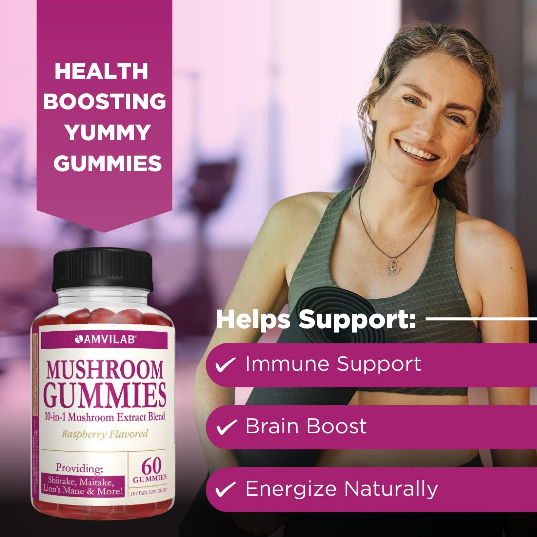 AMVILAB Mushroom Gummies Supplement – 10-in-1 Mushroom Extract Blend with Lion’s Mane, Shiitake, Maitake & Morel – Brain, Focus & Immune Support – Raspberry Flavor, 60 Gummies