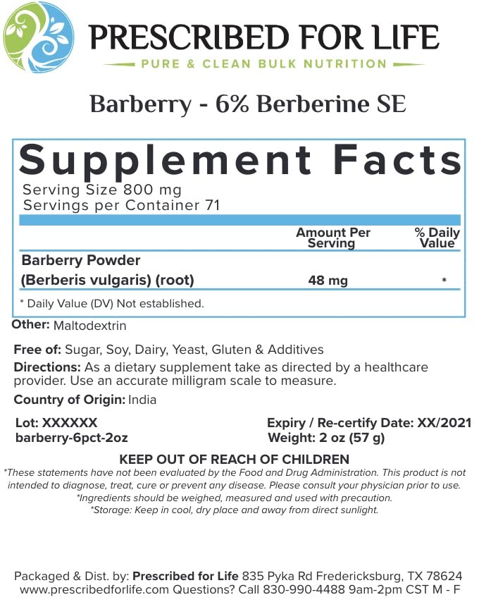 Prescribed For Life Barberry Powder 4:1, Oregon Grape Root Supplement, Berberis vulgaris 176.3698 Ounce
