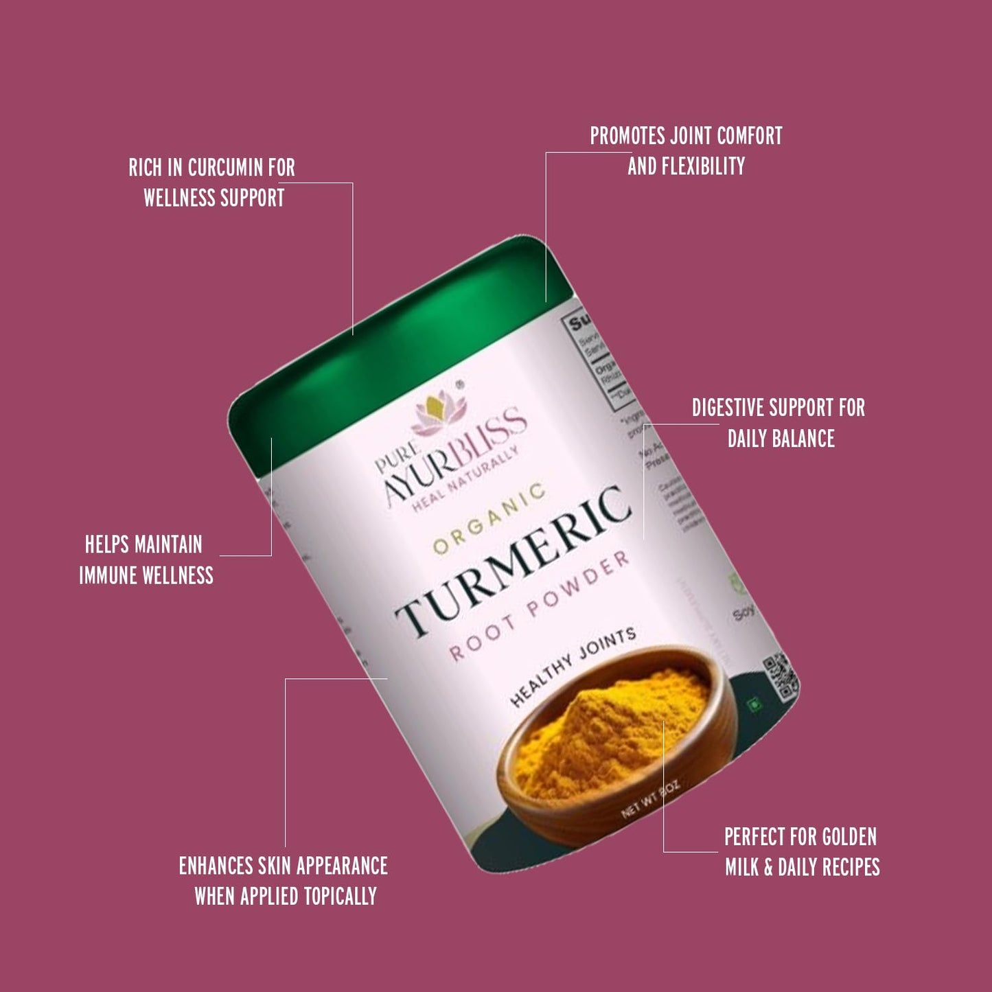 PureAyurbliss 100% Organic Turmeric Powder 8 oz