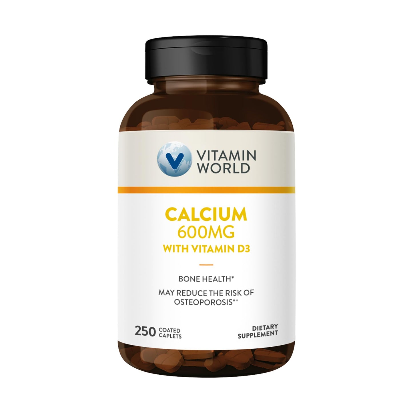 Vitamin World Calcium 600mg + Vitamin D3 250 Caplets, 250 Count