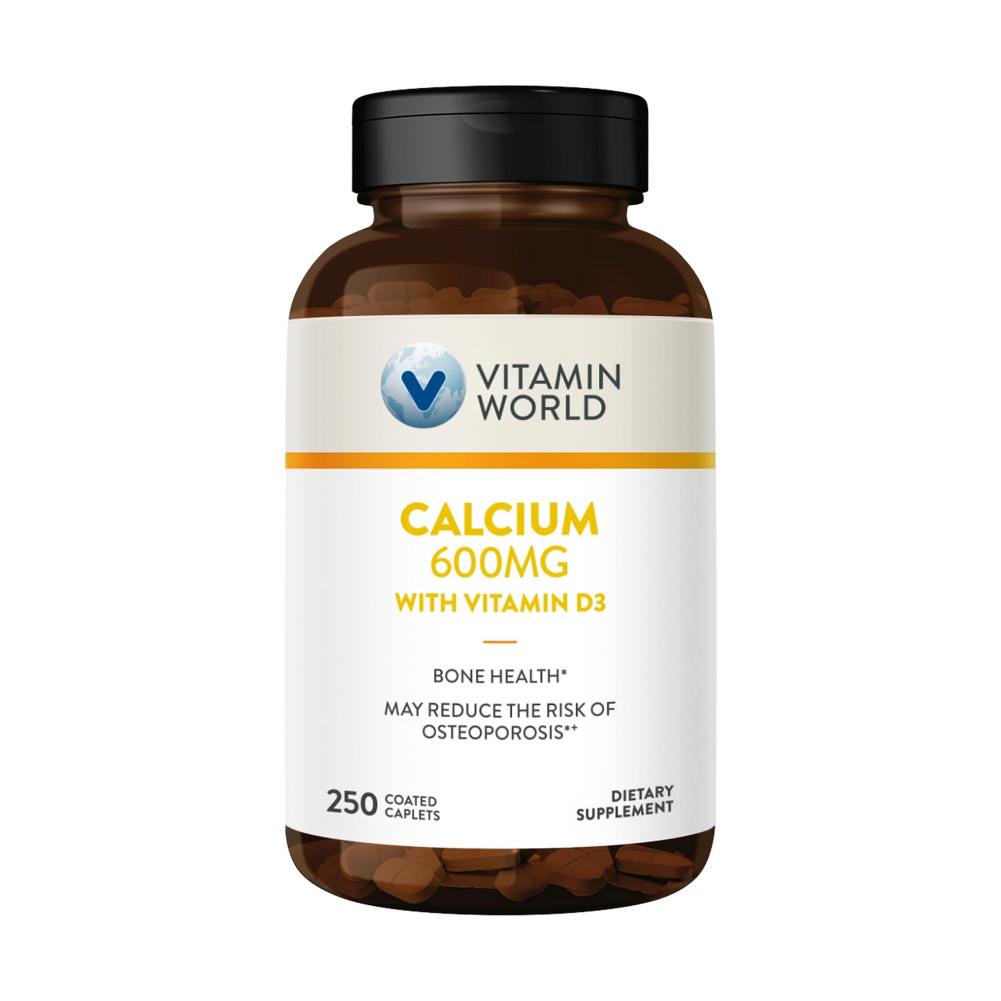 Vitamin World Calcium 600mg + Vitamin D3 250 Caplets, 250 Count