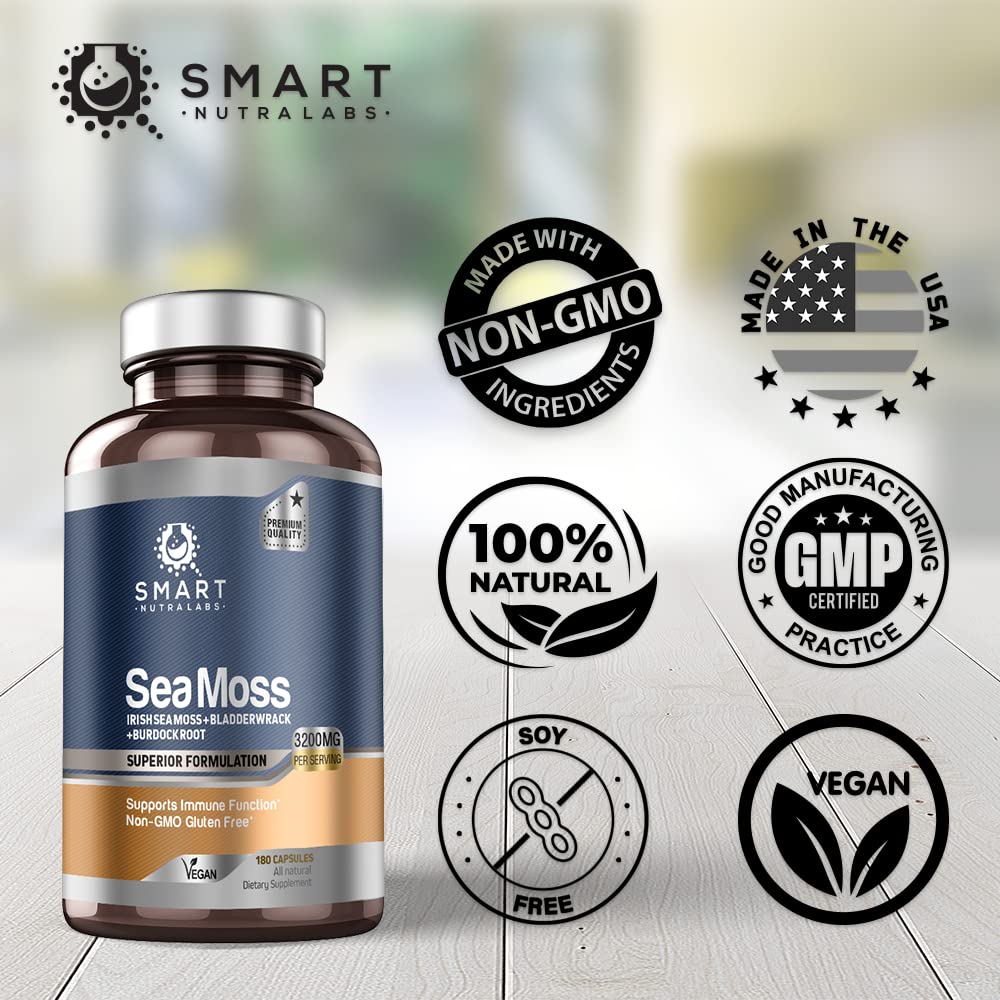 Smart Nutra Labs Organic Sea Moss 3200MG Per Serving Capsules, 180 Count