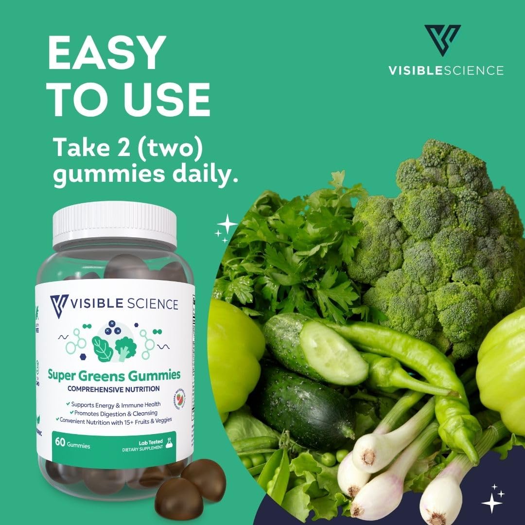 Visible Science Super Greens Gummies – Daily Greens, Superfood & Antioxidant Blend with Vitamins & Probiotics – Energy, Immunity & Digestive Health Support – Strawberry Watermelon Flavor, 60 Gummies