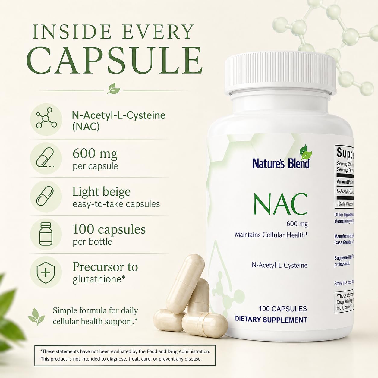 Nature's Blend NAC 600 mg N-Acetyl-L-Cysteine Capsule, 100 Capsules