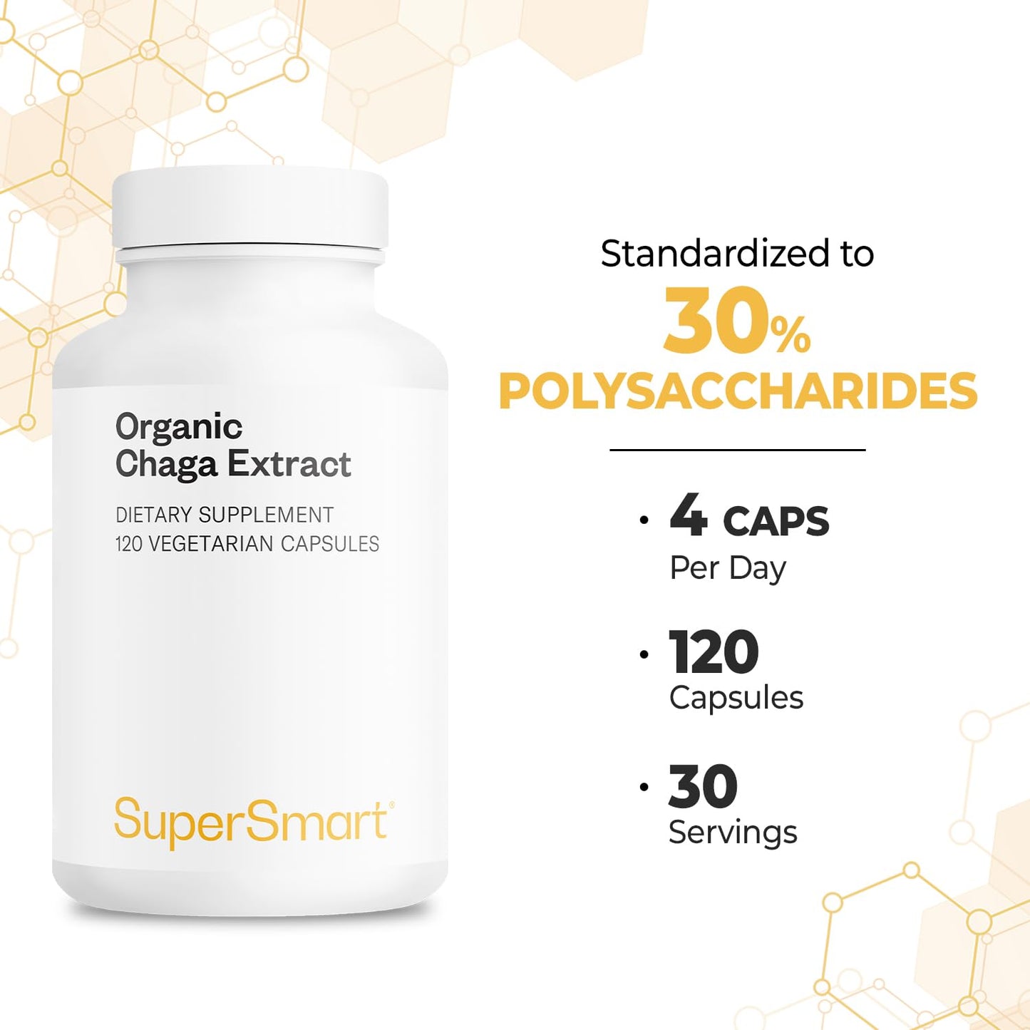 Supersmart Organic Chaga Extract 1500mg per Day (High Strength) - Wild & Hand Picked Chaga Mushrooms Supplement, 90 Capsules