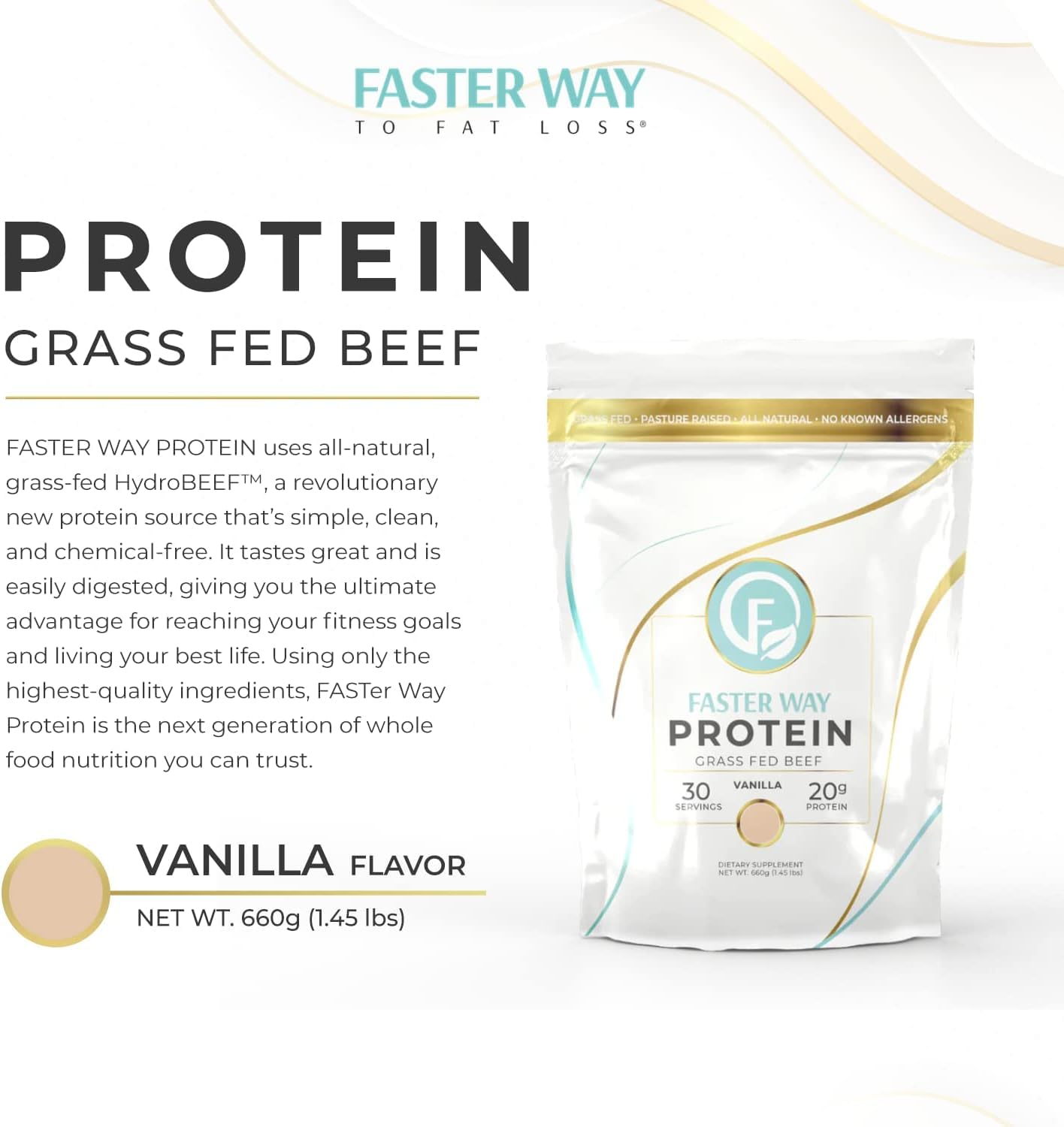 FASTer Way to Fat Loss Hydrolyzed Grass-Fed Beef Protein Powder - Vanilla - 20g Protein per Serving, 9 Essential Amino Acids, Sugar, Gluten & Dairy Free, Non-GMO, 1.46 lb