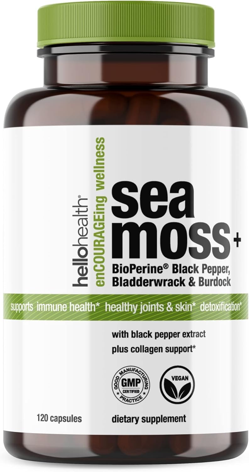 HELLO HEALTH Organic Irish Sea Moss Capsules with Burdock Root & Bladderwrack Bioperine, 120 Capsules