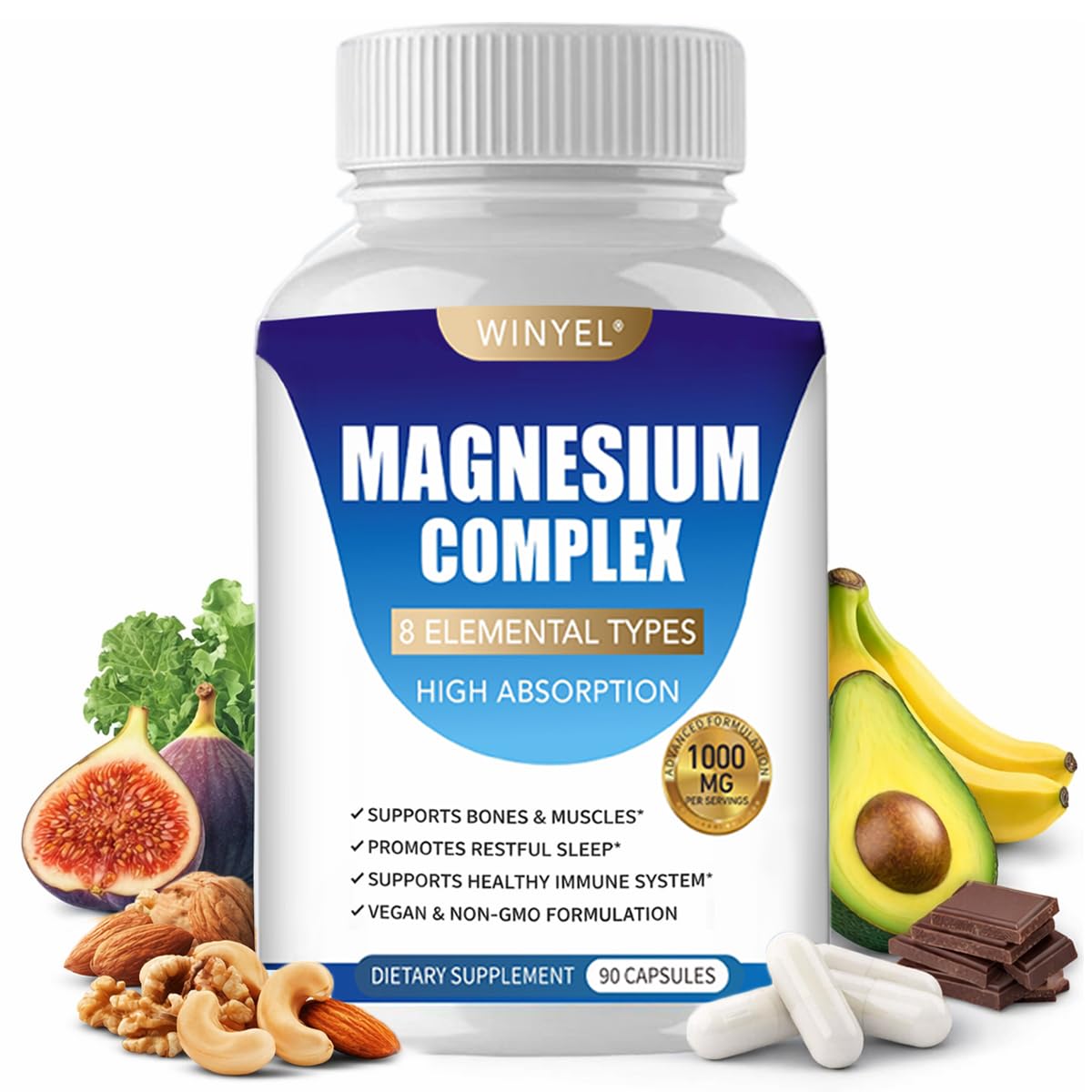 WINYEL Magnesium Complex Supplement 8 Elemental 1000mg Capsule 90 Count